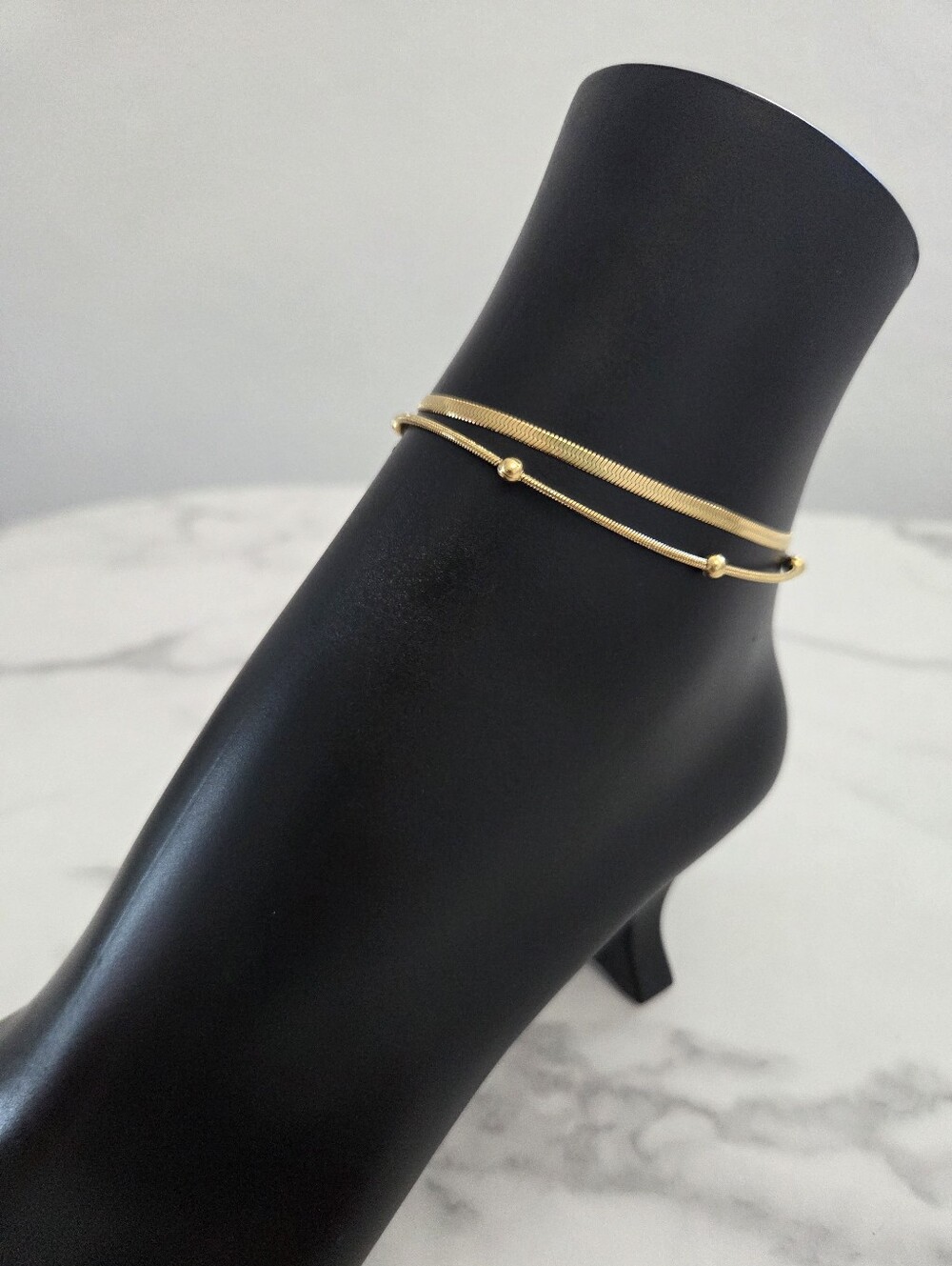 Gold Double Layered Anklet Herringbone and Bead Chain Adjustable - Picture 5 of 9